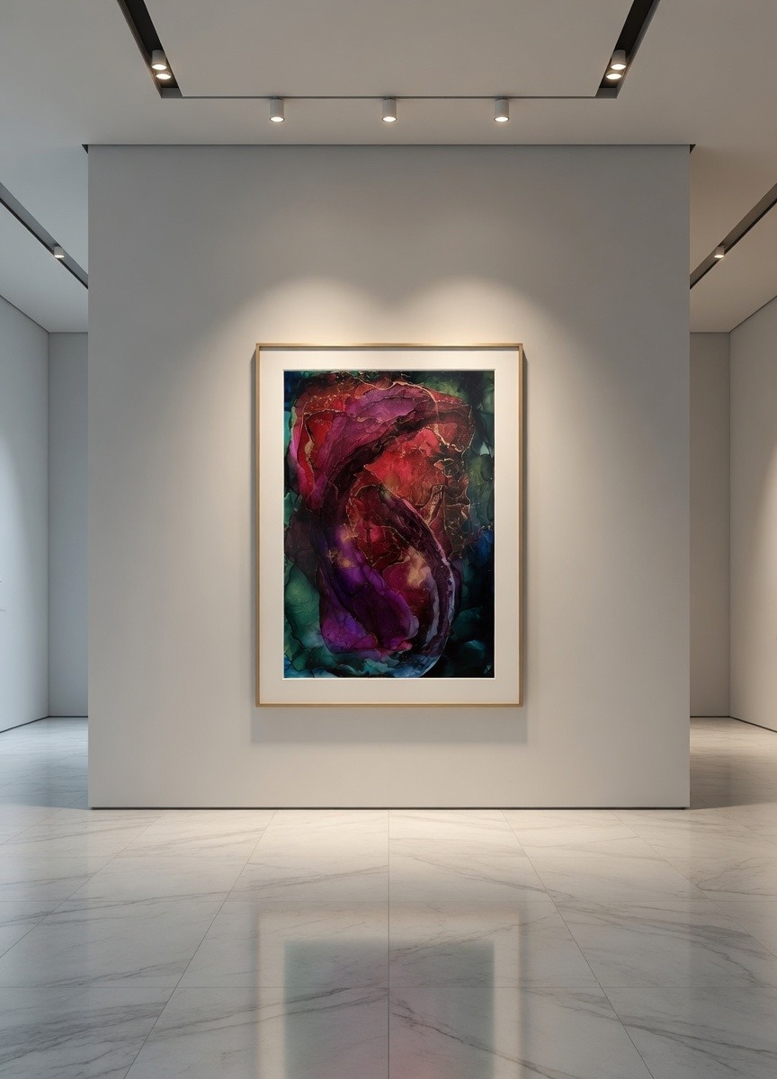 Alcohol ink artwork in an exhibition setting